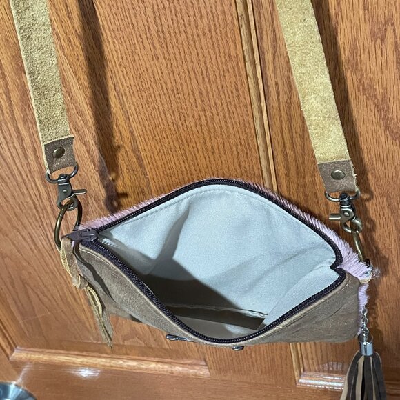 Keep It Gypsy Leather Pink Fur Brown Crossbody Bag Purse Country Fringe NWOT NEW - Picture 4 of 8